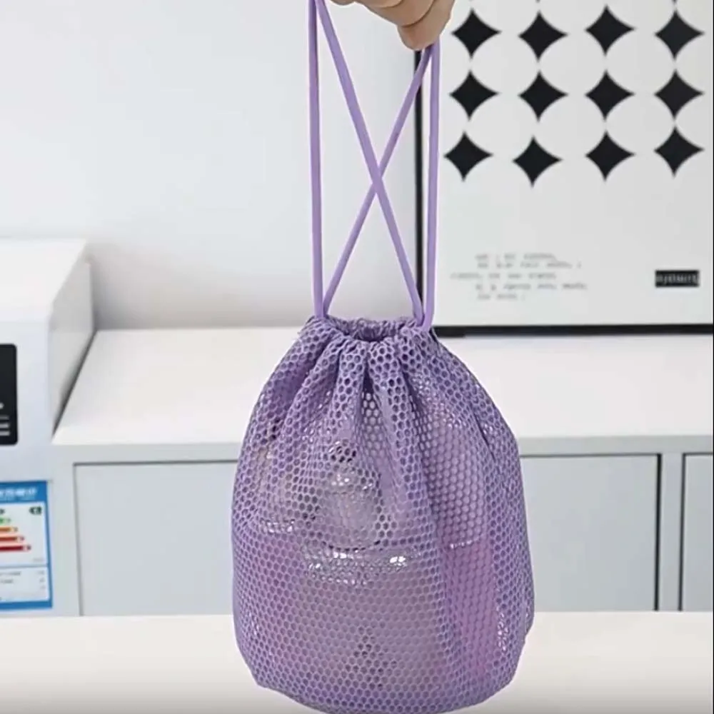 Saco de cordão de malha de náilon cor fluorescente oco para fora pacote respirável bolso transparente dobrável praia bolsa meninas