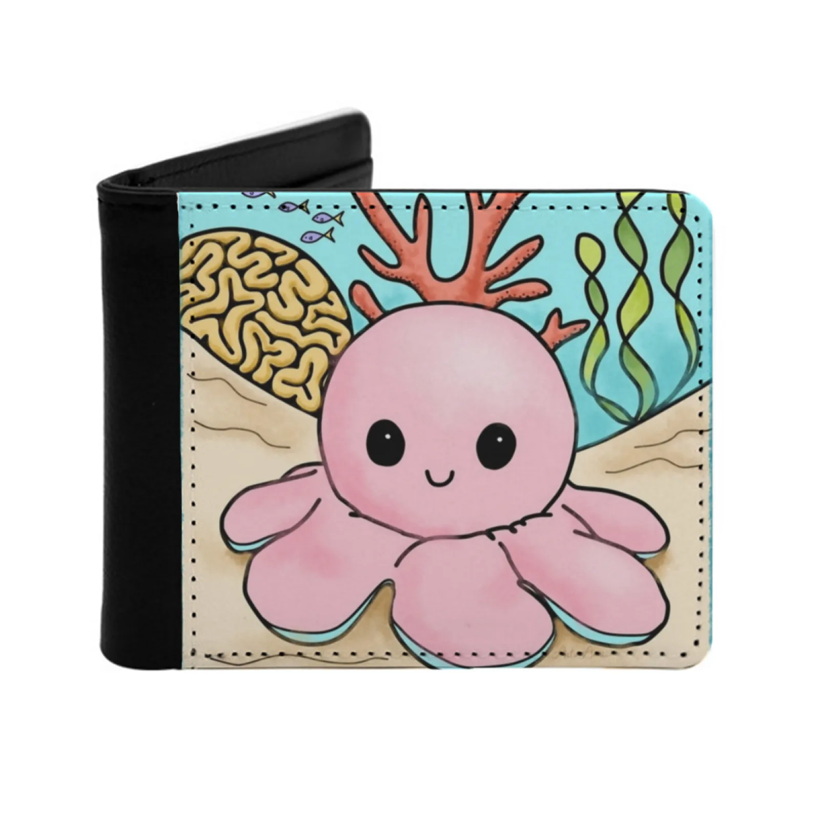 

Pink Octopus Short Men's Wallet Multifunction Purse Male Pu Leather Wallet Octopus Pink Mood Reversible Sea Cute Marine Kawaii