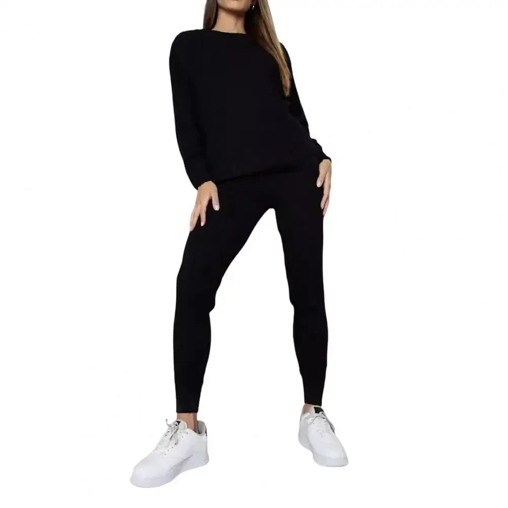 Spodnie damskie z elastyczną talią i dzianinowym topem z okrągłym dekoltem i długimi rękawami Elastyczna talia Plus Size do codziennego użytku