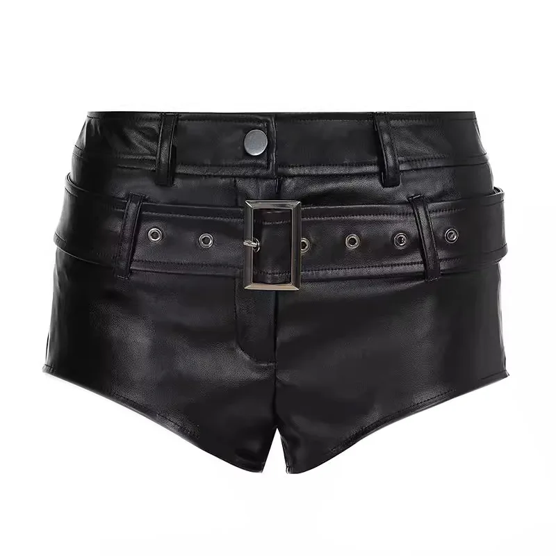 25 New Women's Sexy Black Imitation Leather Boots Shorts Nightclub Super Shorts with Belt Шорты