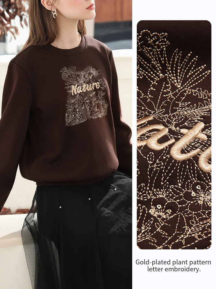 I BELIEVE YOU Woman Casual Sweatshirt 2025 Winter Retro Brown Letters Embroidered Round Neck Fleece-lined Top Warm 2254196154