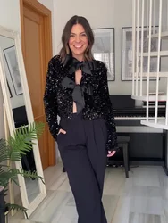 Giacca da donna con paillettes con fiocco scintillante alla moda, manica lunga, cappotto chic lucido, femminile, elegante, corto, festa serale, capispalla natalizio