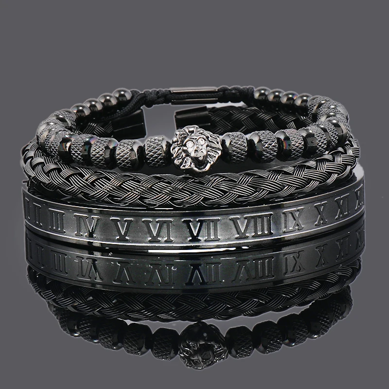 Luxury Lion Head Charm Beaded Man Bracelet Set Roman Stainless Steel Bangles Women Couple Jewelry Gift