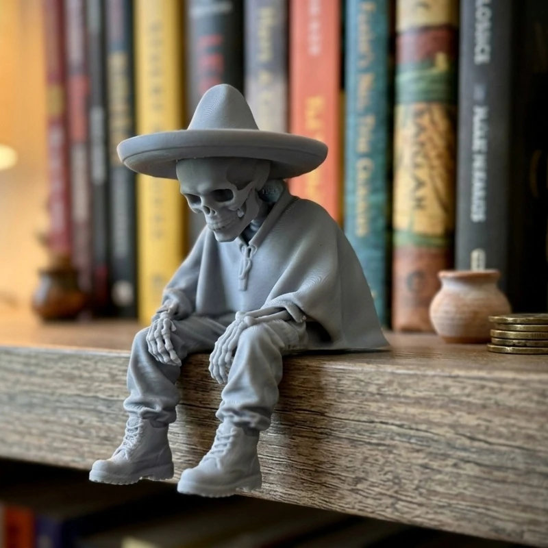 Vintage Skeleton Cowboy Figurine Gothic Style Edge Sitter Skull Statue Ornament for Home Office Desk Shelf Halloween Decor Gifts