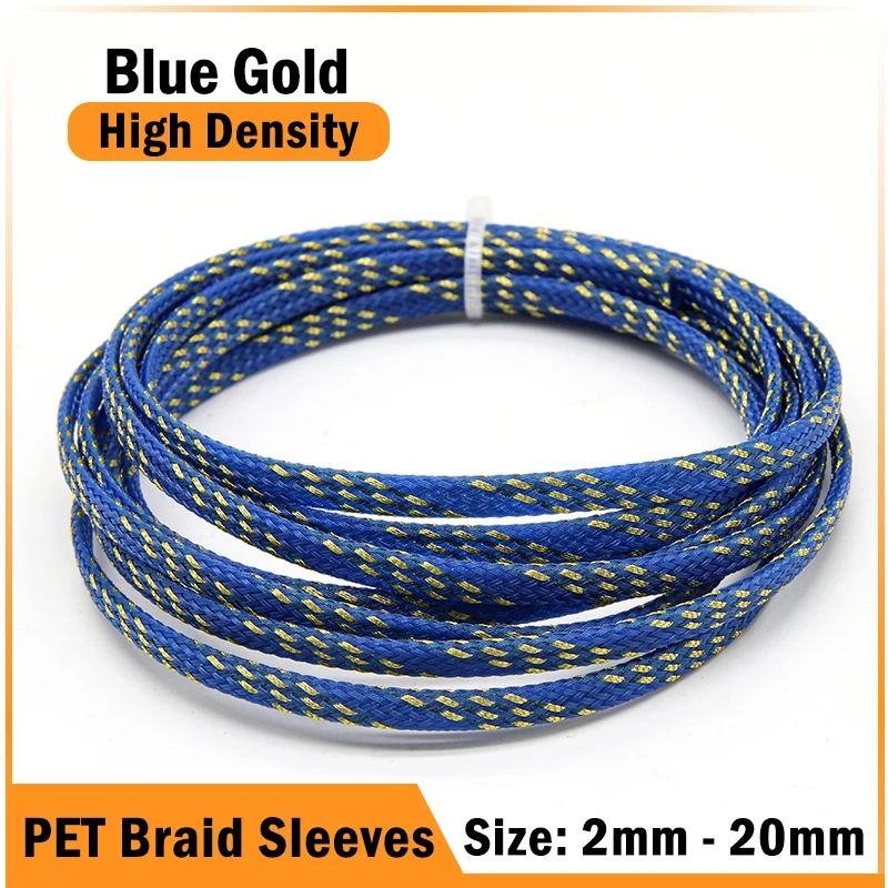 1~50m Blue Gold PET Braid Sleeve 2/4/6/8/10/12/14/16/20mm High Density Sleeving Snake Skin Cable Wrap Sheath For Electric Cables