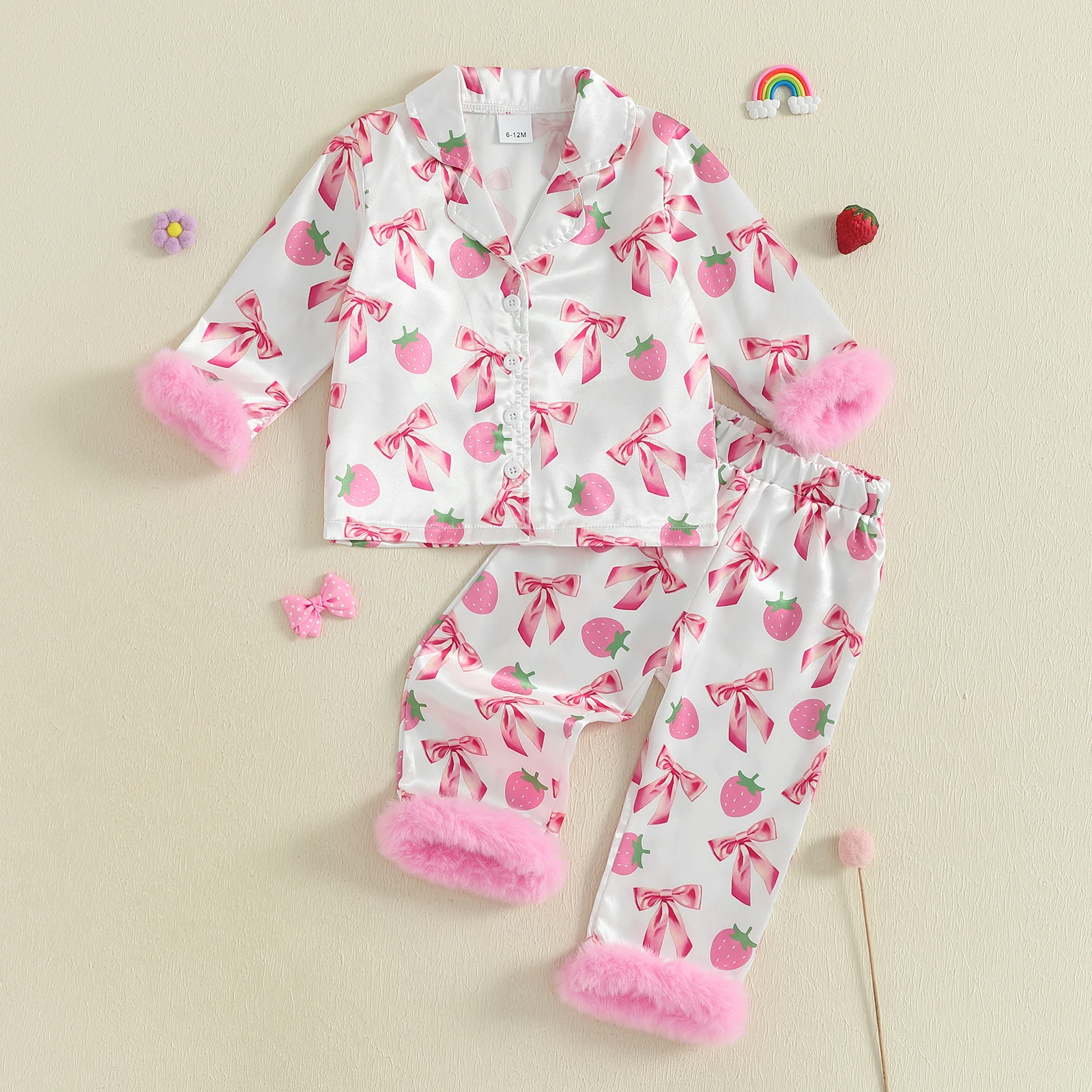 

Kids Girls Satin Pajamas Set Feather Trim Strawberry Bow Print Button up Long Sleeves Shirt with Long Pants 2 Pieces Loungewear