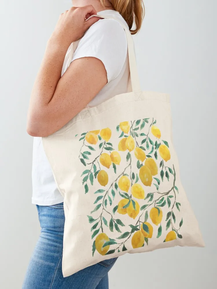 hand painted watercolor yellow lemon pattern Tote Bag custom canvas bag cloth bag woman shopper bags
