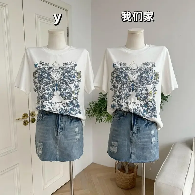 Korean Elegant Floral Butterfly Printing T-shirt Pure Cotton Summer Short Sleeve Tops Loose High Street Ladies Sweet Tees Basic