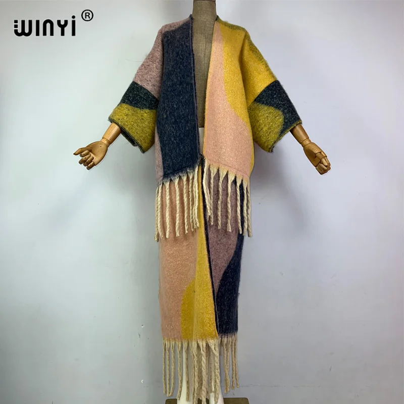 WINYI winter coat for women Africa new print tassels Luxury Long Fur Loose OverCoat Thick Warm long down coat fashion cardigan