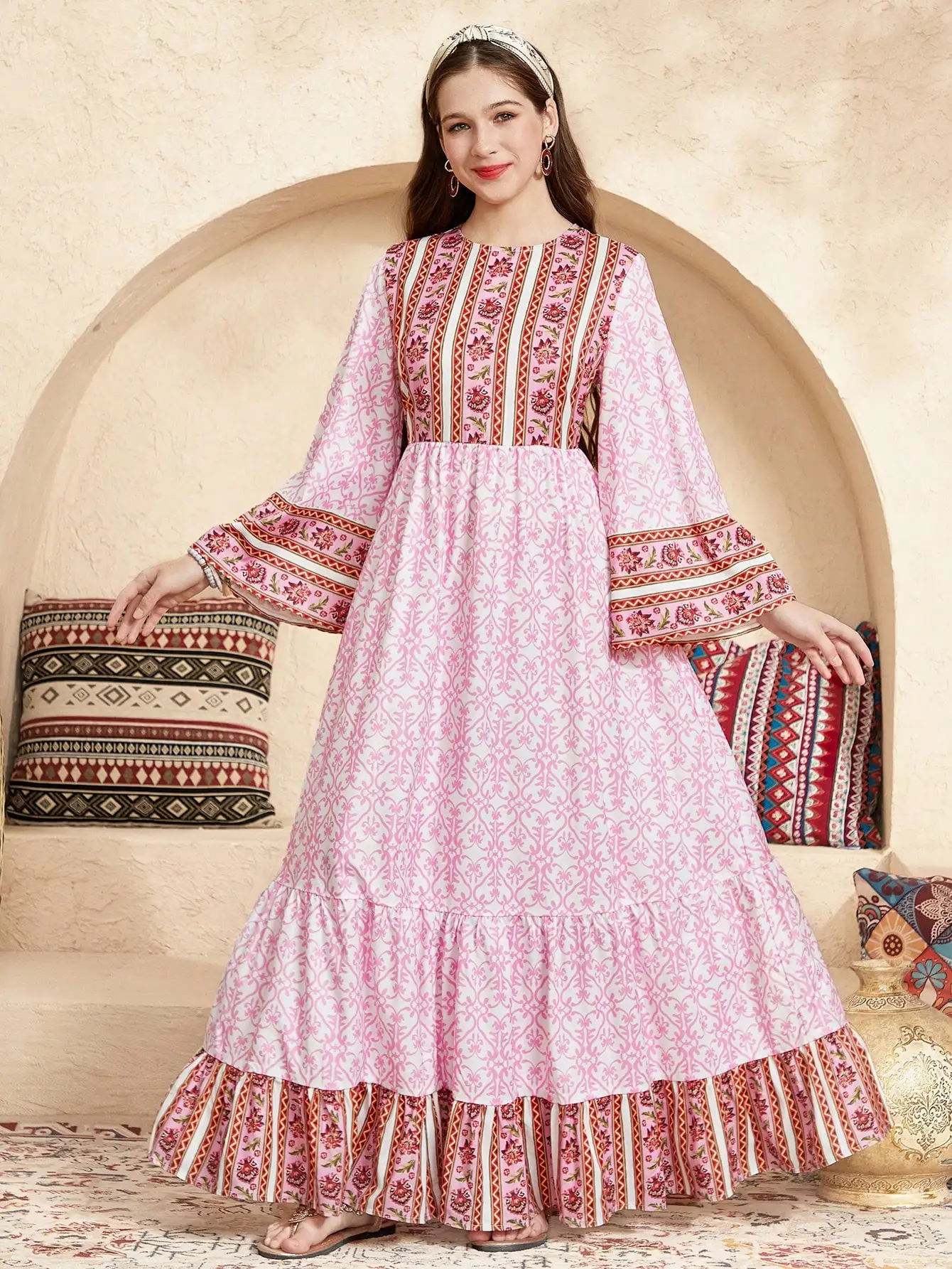 

Bohemian Floral Patchwork Long Dress With Ruffle Hem And Bell Sleeves