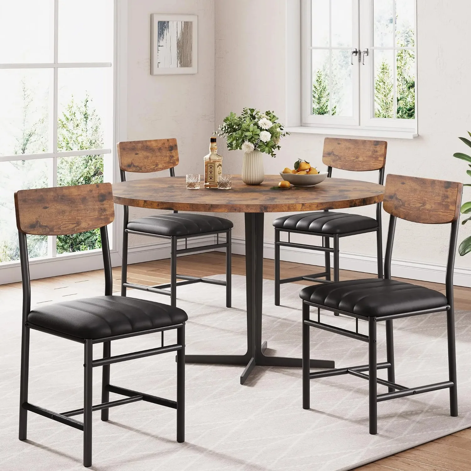 Industrial Dining Chairs Set of 4 - Upholstered Dining Room Chairs with PU Leather, Kitchen Chairs with Wooden Backrest