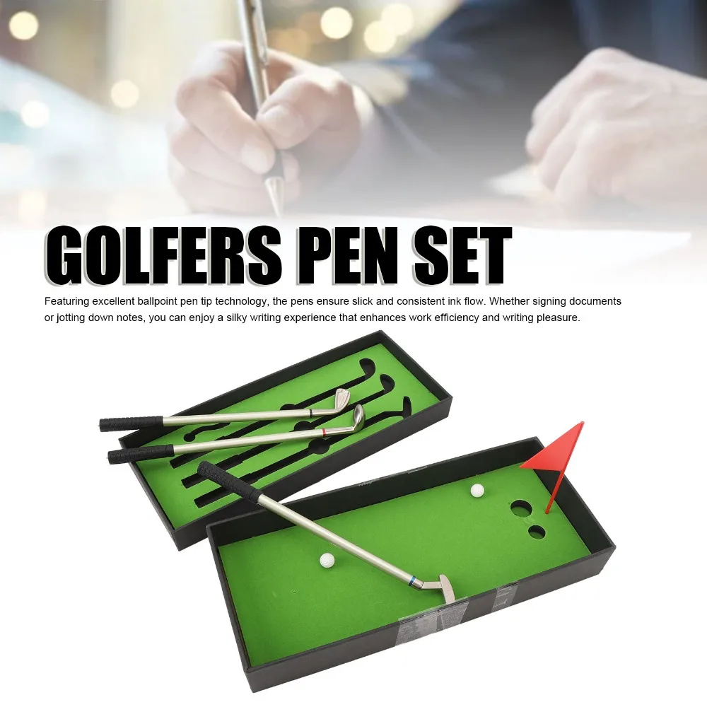 7PCS Smooth Writing Golfers Pen Set Simulated Mini Design Putting Green Base Golfers Ball Pen Ergonomic Grip Desktop Size