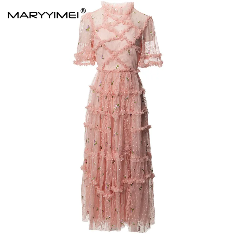 MARYYIMEI Fashion Designer spring Summer Women's O-Neck Short-Sleeved Lace Striped embroidery Mesh Pink Dresses