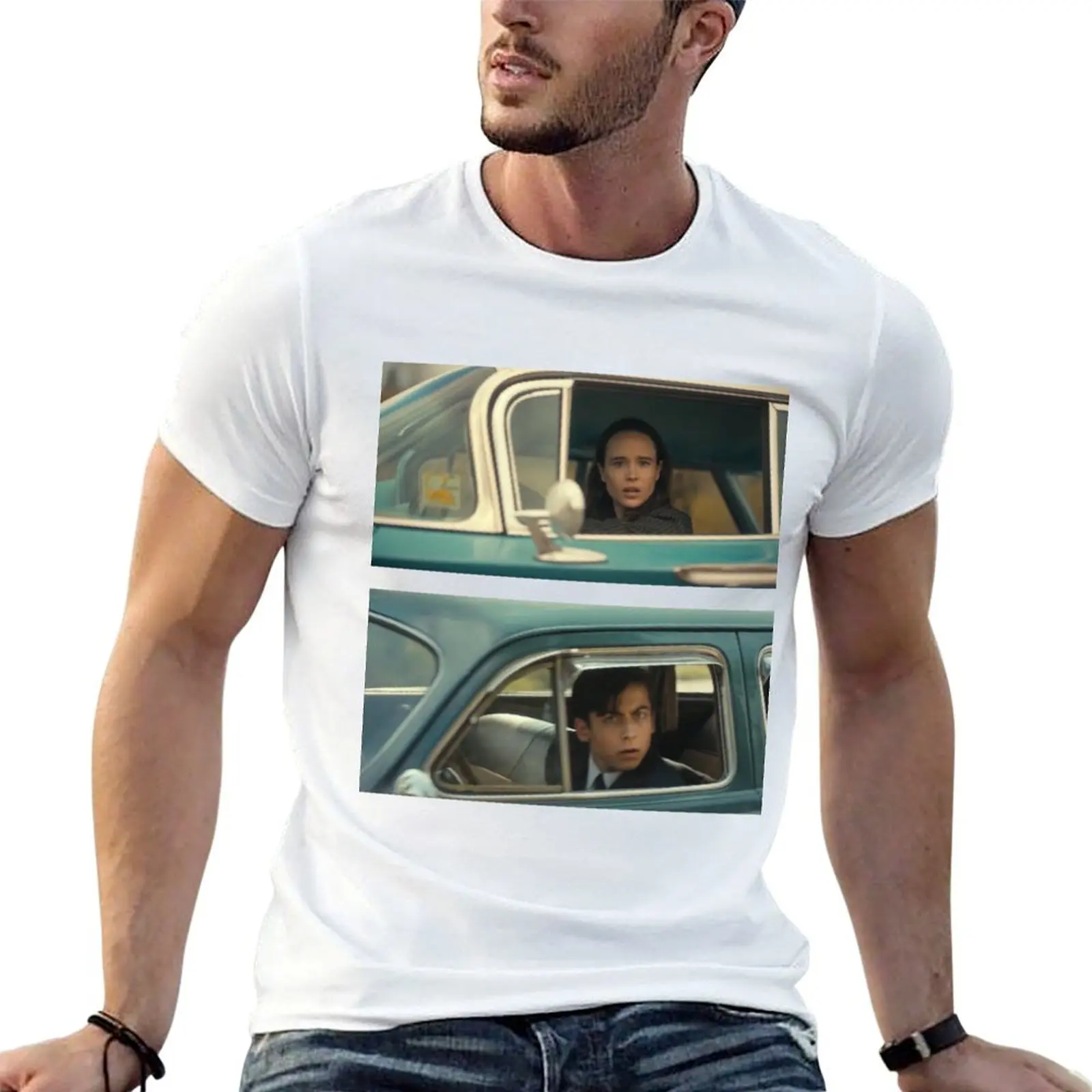 Camiseta con plantilla de meme de Vanya y Five Drive Past Each Other de The Umbrella Academy, camisetas para hombre, camiseta de algodón para hombre, camiseta de algodón pesado