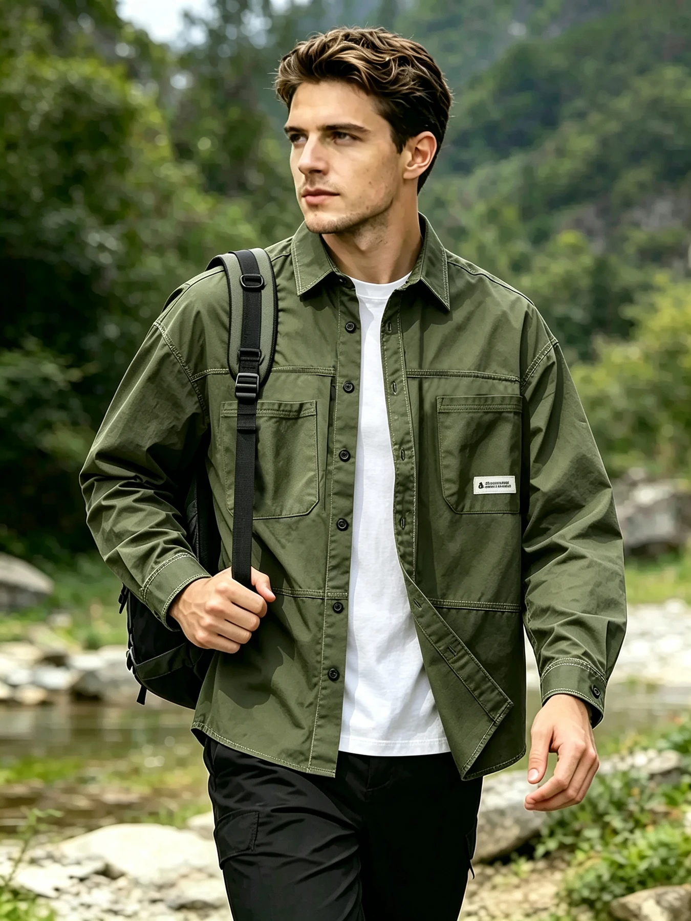 Men's Tough Workwear Long Sleeve Shirt Jacket, Structured Loose Fit Reinforced Stitching, 3D Chest Pockets Lapel Button Placket