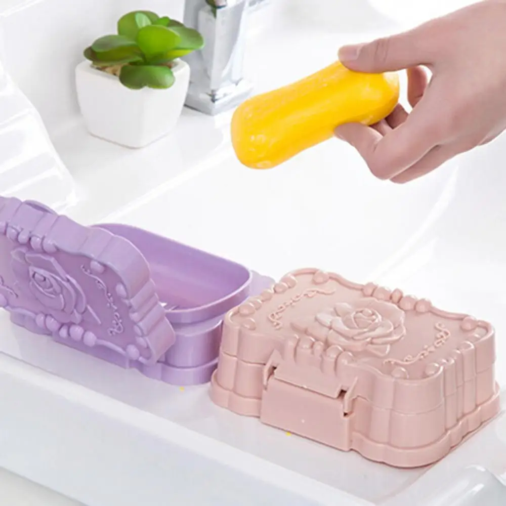 Rose Pattern Soap Dish Holder Storage Box Bathroom Travel Case Rack with Lid Soap Holder