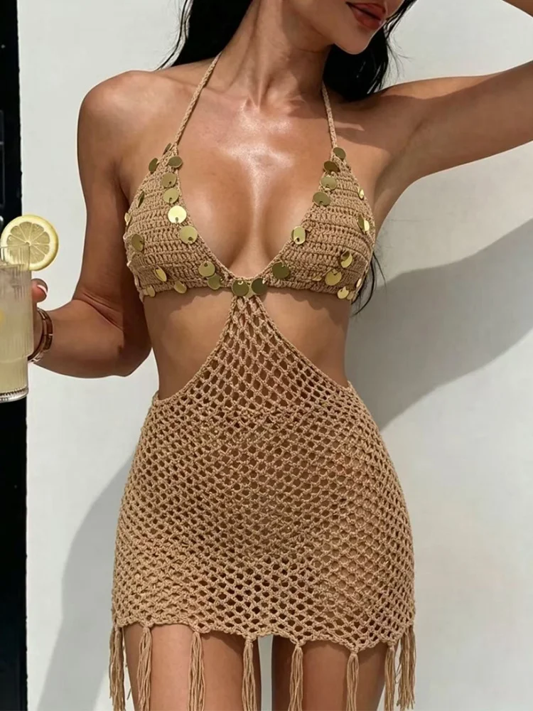Hand Hook Halter Tie Design Slim-Fitting Beach Vacation Cover-Up Sexy Backless Tie Design Slim Fit Short Dress with Fringe Hem