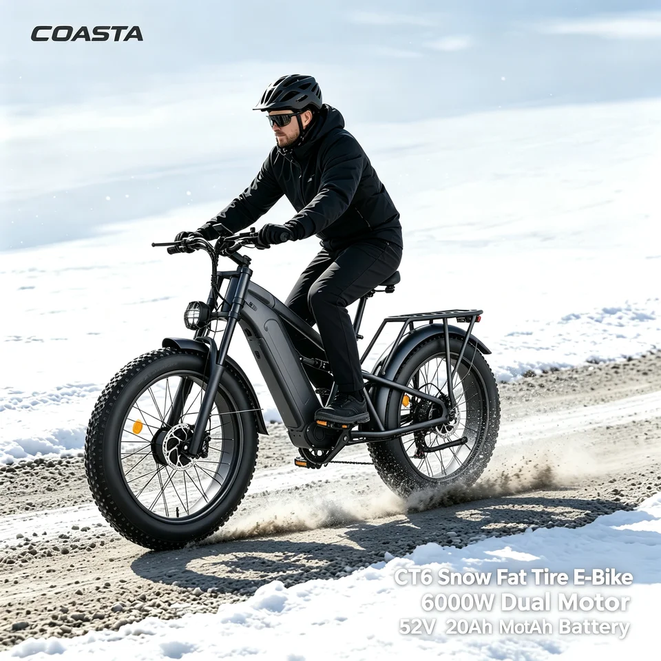 COASTA CT6  Dark Gray Frame 20Inch Fat Tire Electric Bike Dual Motor Full Suspension E Bicycle 3000W Peak 60V Removable Battery Hydraulic Disc Brake Shimano 7‑Speed LCD Display LED Headlight Max Load 150KG For Snow Beach Mountain Off‑Road Riding image 8