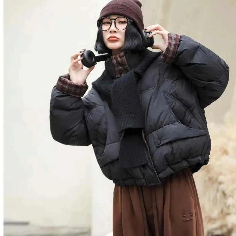 New Down Jacket Warm Stand Collar Patchwork Plaid Cuffs Women's White Duck Down Coat Short Knit Scarf Hat Thick Loose Outerwear
