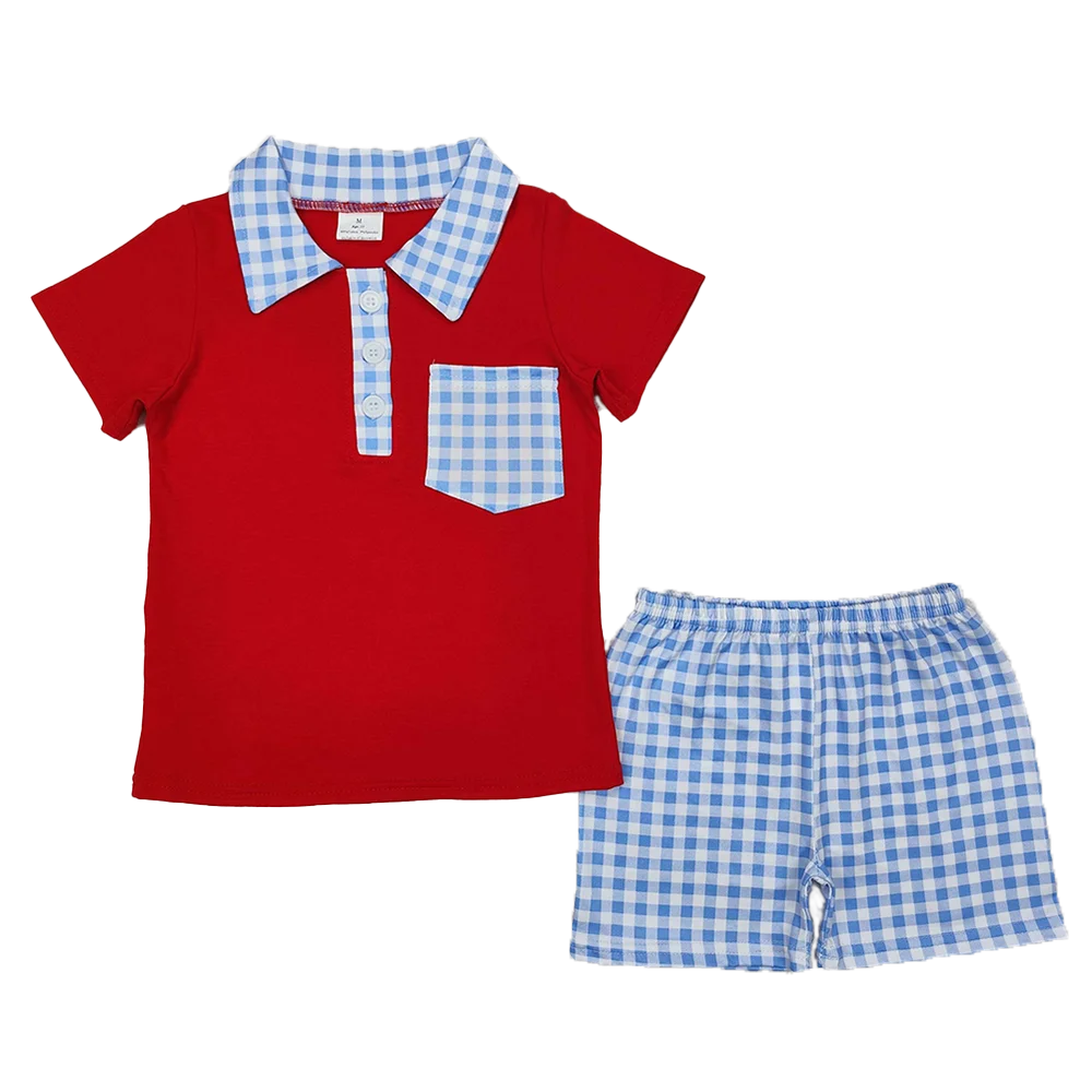 

3.15 BSSO1152 National Day Blue Plaid Pocket Red Short-Sleeved Shorts Children's Set Kids' Outfit with Festive Theme