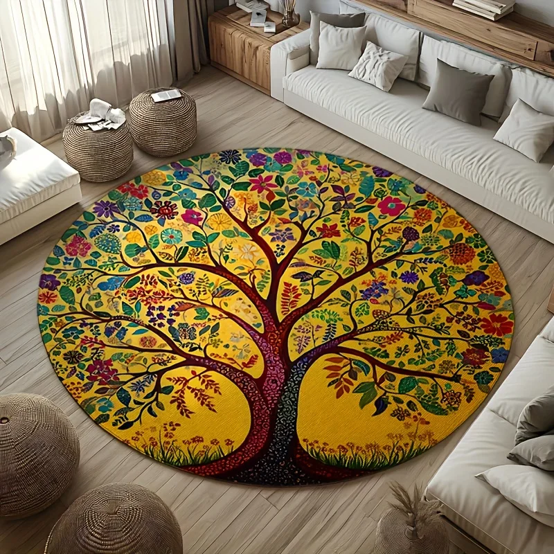 Flannel Printed Round Rug Tree Of Life Design Colorful Floral Pattern Yoga Meditation Theme Soft Floor Mat For Living Room