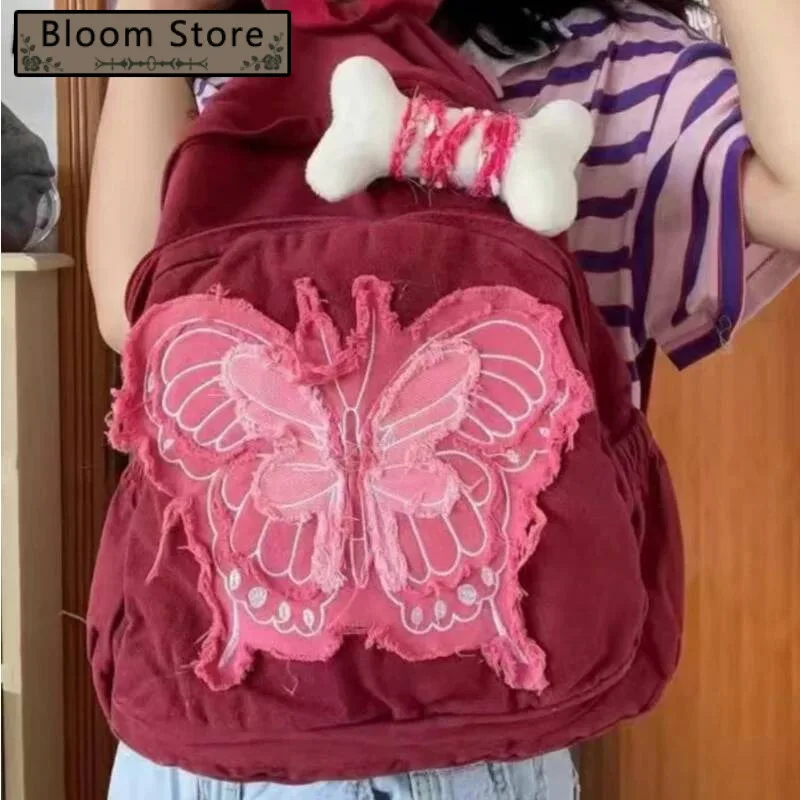 

Patchwork Vintage Butterfly Bone Backpacks Casual Y2k Aesthetic Ins Women Preppy Bags Fashion Chic Students All Match Schoolbags
