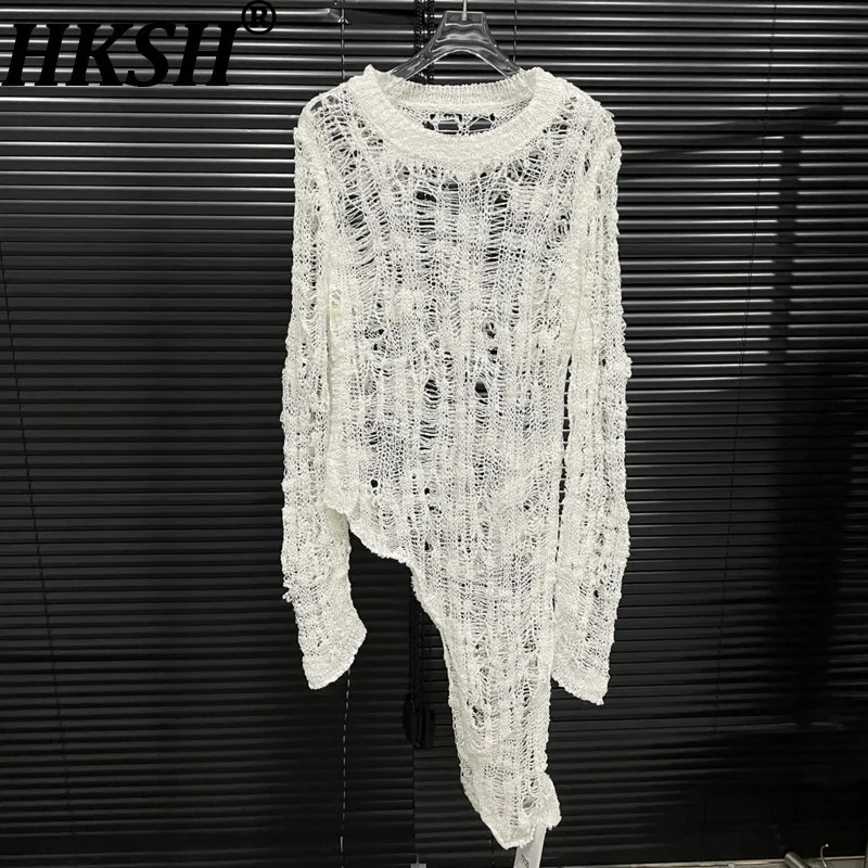 

HKSH Summer New Women High Street Chic Pullover Knitted Hollow Out Solid Color Long Sleeved Asymmetric T-shirt Casual Top HK7598