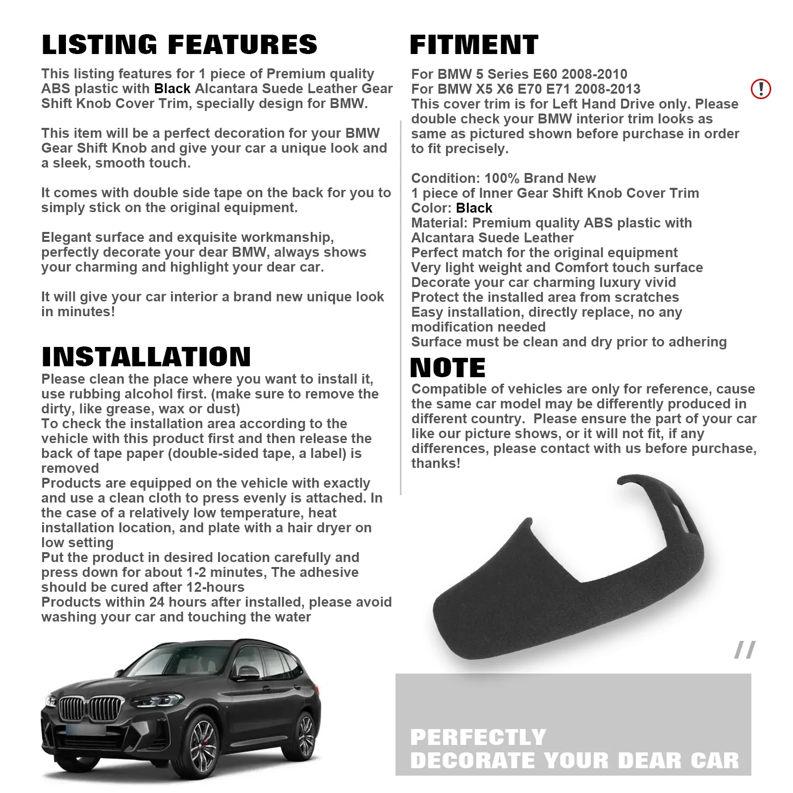 Inner Gear Shift Knob Cover Trim Protective Sticker Black Alcantara Suede For BMW 5 Series E60 2008-2010 X5 X6 E70 E71 2008-2013