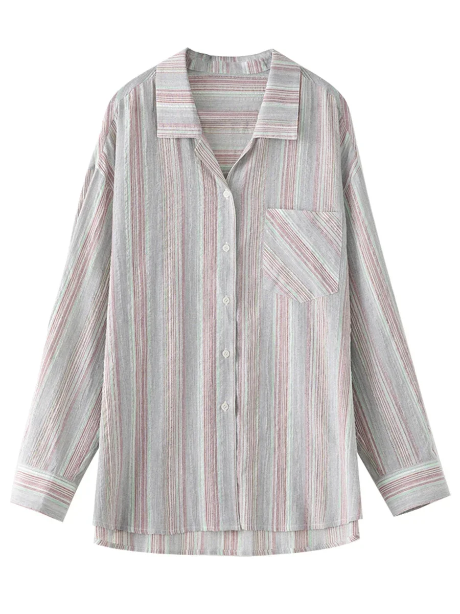 CHIC VEN-camisa Retro de algodón a rayas para mujer, blusa holgada con protección solar, para primavera y verano, 2024