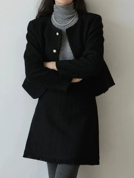 韓国のエレガントなミニツーピースセット女性秋ヴィンテージクロップドコートかわいいスカートセットカジュアルオフィスレディフォーマルパーティーセット女性