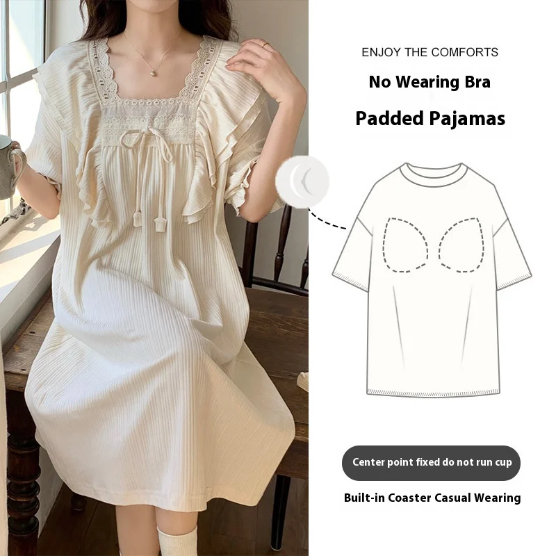 

Summer Short-Sleeved with Chest Cushion Princess Style Nightgown Summer New Large Size Thin Section Loose Sweet Ladies Homewear