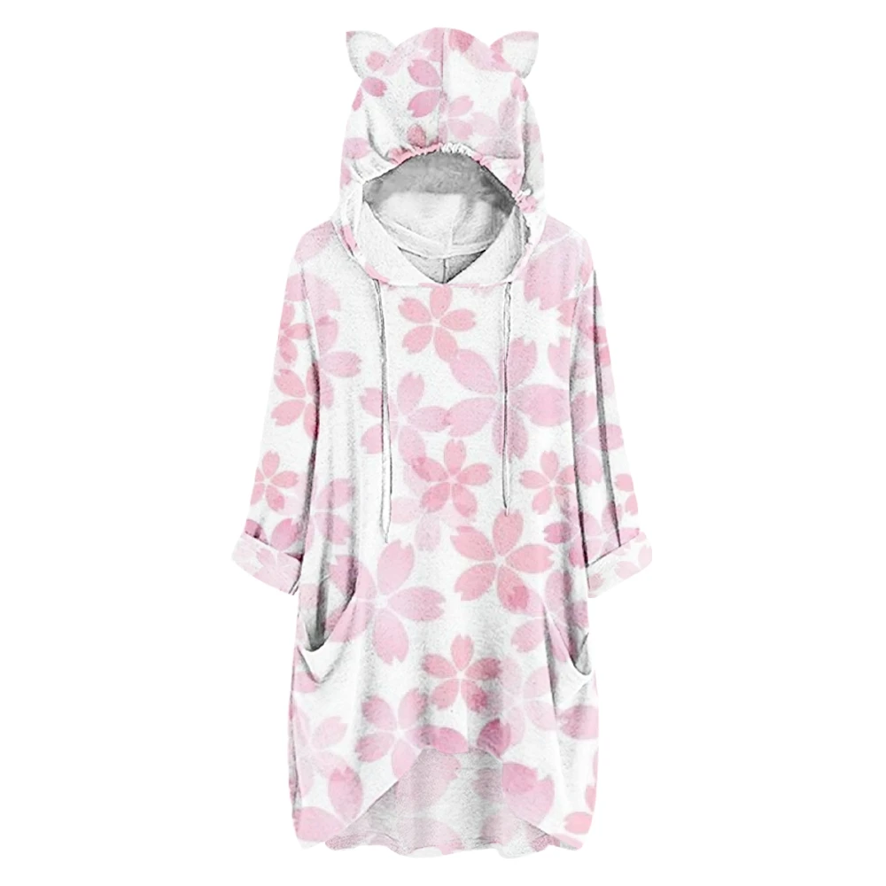 

Women's Cherry Blossoms Printing Hoodie Loose Fashion Half Sleeve Casual Fashion Women Cat Ears Sweatshirt Hoodies