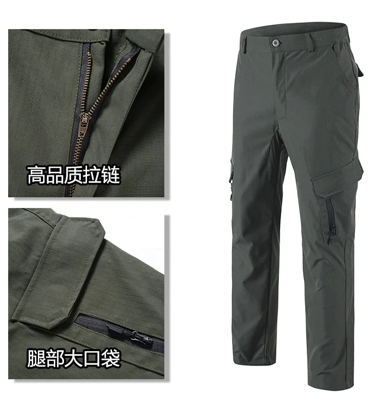 Frühling Herbst Herren Softshell Taktisches Zweiteiler-Set Wasserdicht Winddicht Multi-Taschen Abnehmbare Kapuze Jacke Gerade Cargohose – Detail 12