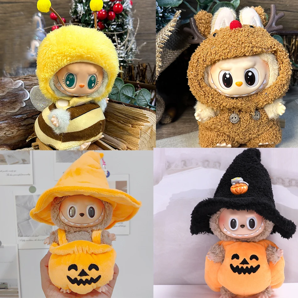 

In Stock 15/17cm Labubu Clothes Christmas Outfit Halloween Pumpkin Shawl Cute Plush Set for Accessories Christmas Holiday Gift
