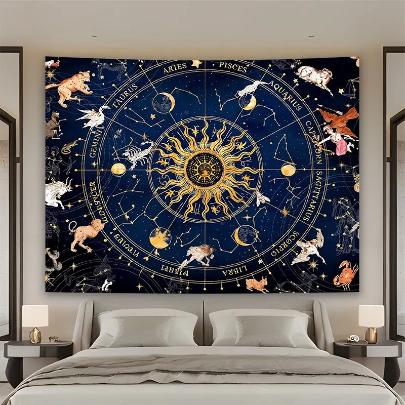 Zodiac Constellation Tapestry Astrology Star Map Galaxy Boho Wall Decor Fabric Print Room Decoration 150x300cm