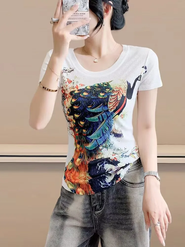 뜨거운 판매 눈길을 끄는 인쇄 공작 여성 티셔츠 봄 여름 여성 짧은 소매 탑 티 o-넥 하이 스트리트 S-4XL