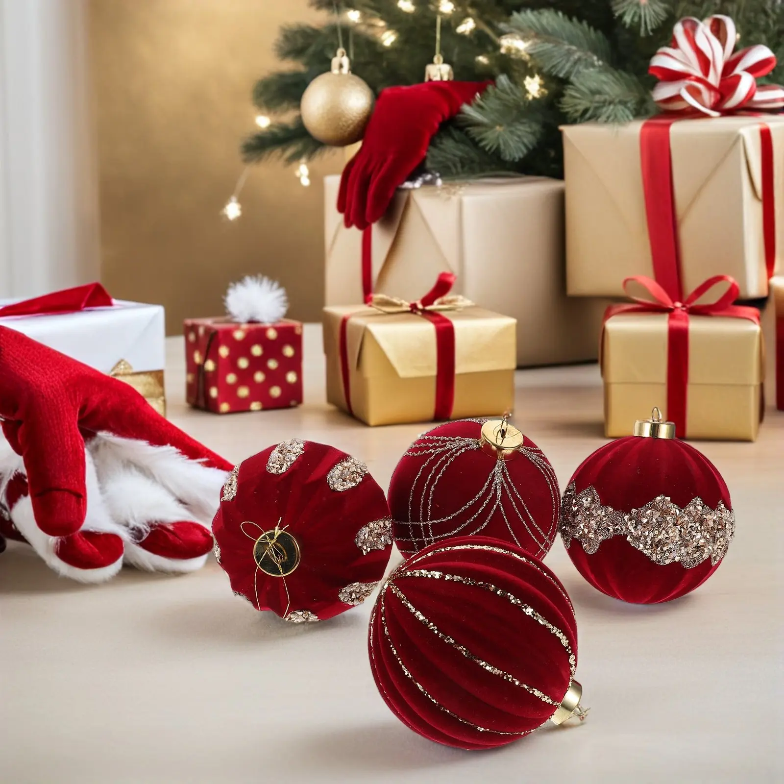 

4Pcs Christmas Ball Ornaments Red Flocked Glitter Hanging Decorations 10cm Shatterproof Xmas Baubles for Tree Party DIY Crafts