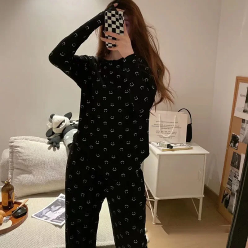 Women\'s Clothing Smiley Two-Piece Long-Sleeved Long Pants Soft Skin-Friendly Sports Sleep Pajamas Comfortable Loungewear Set