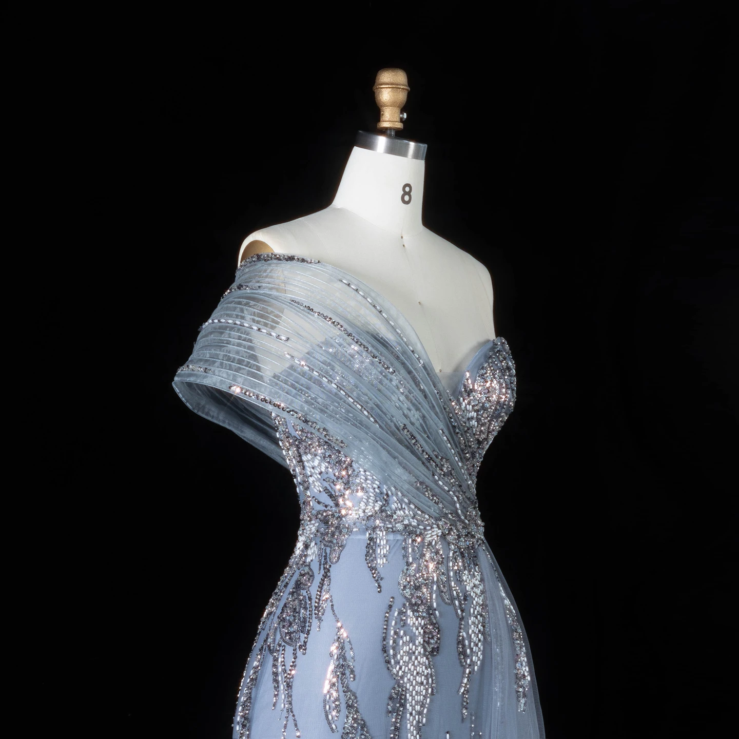Sharon Said Luxuriöses Champagnerfarbenes One-Shoulder-Abendkleid mit Perlen und Tüllschleppe, Partykleid für Damen SS136, Maßanfertigung – Detail 16