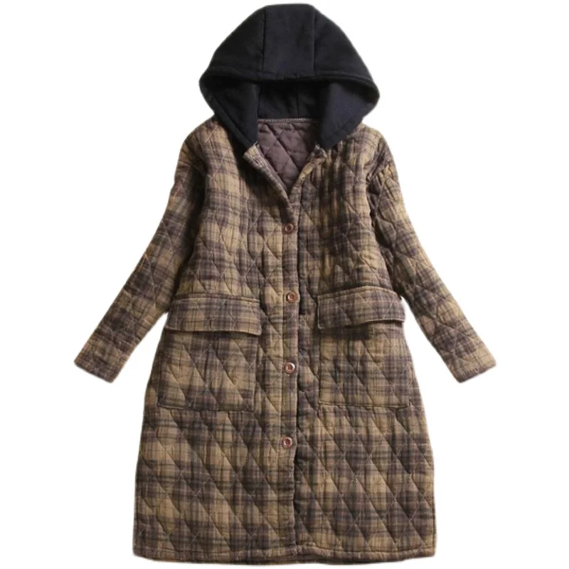 

Retro Plaid Cotton Jaet Women's Winter Outerwear Loose plus Size Hooded Cotton Coat Mid-Length Thiened Korean Sle