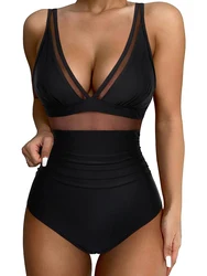 2025 Sexy Mesh Panel Swimsuit One Piece High Cut Swimwear Women Solid Bathers Bathing Suit Female Backless Swimming Beachwear