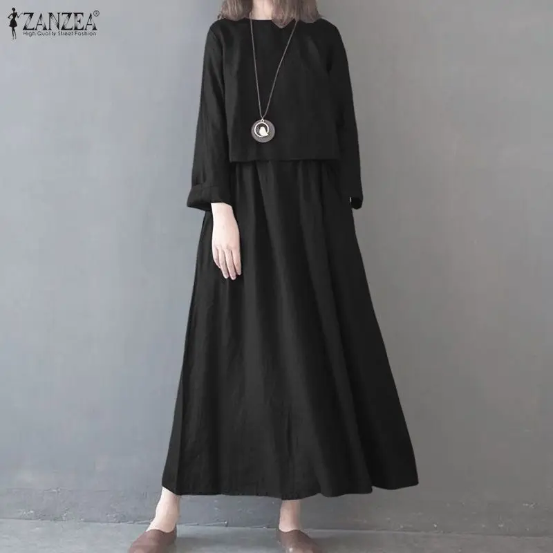 

ZANZEA Casual Style Women Maxi Dresses Elegant Boatneck Long Sleeve Layered Design Solid Color A-Line Long Dress Vacation Robes