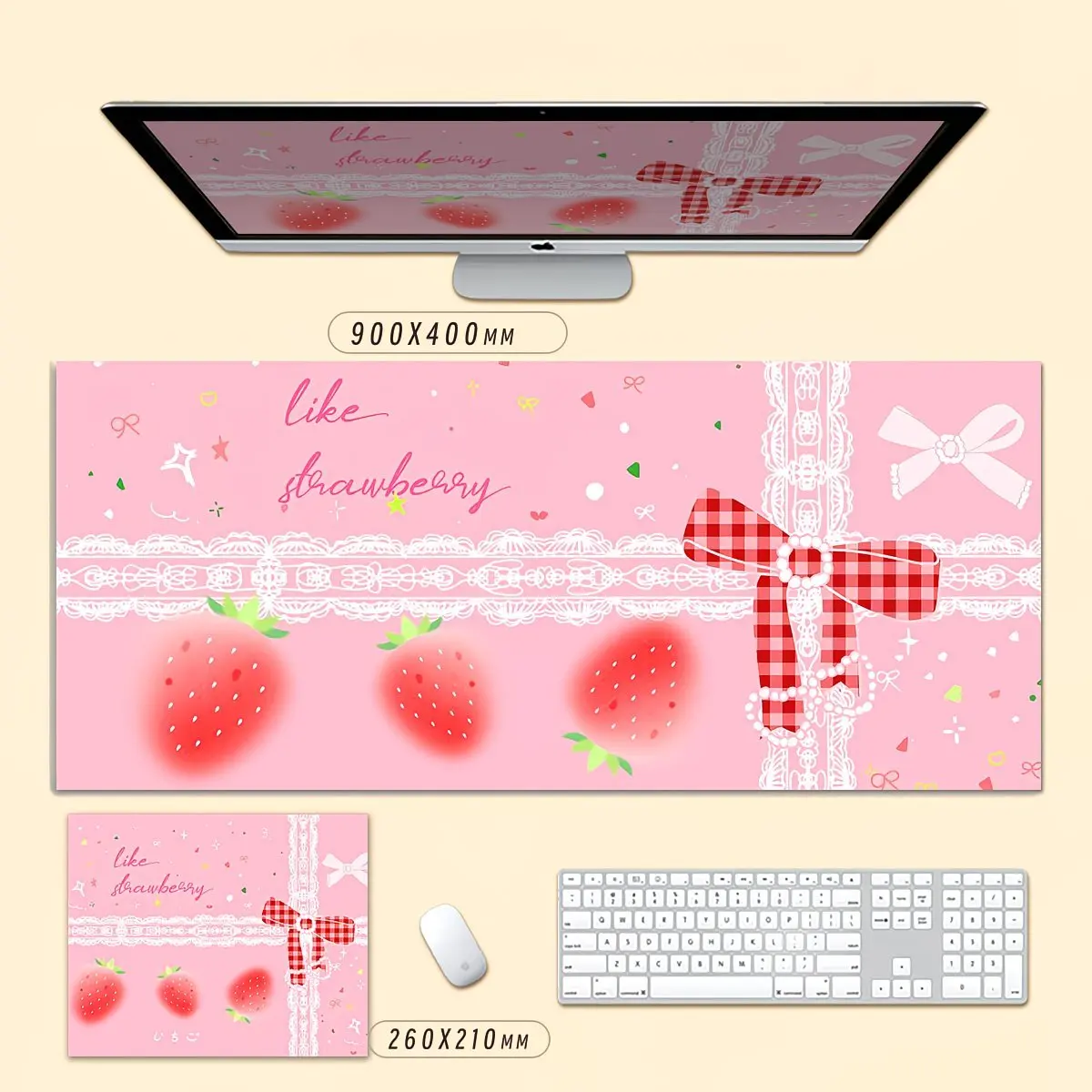 Cream Pink Korea Ins Lace Strawberry PU Leather Mouse Pad Aesthetic Desk Mat Waterproof Non-slip For Office Gaming PC Laptop Pad