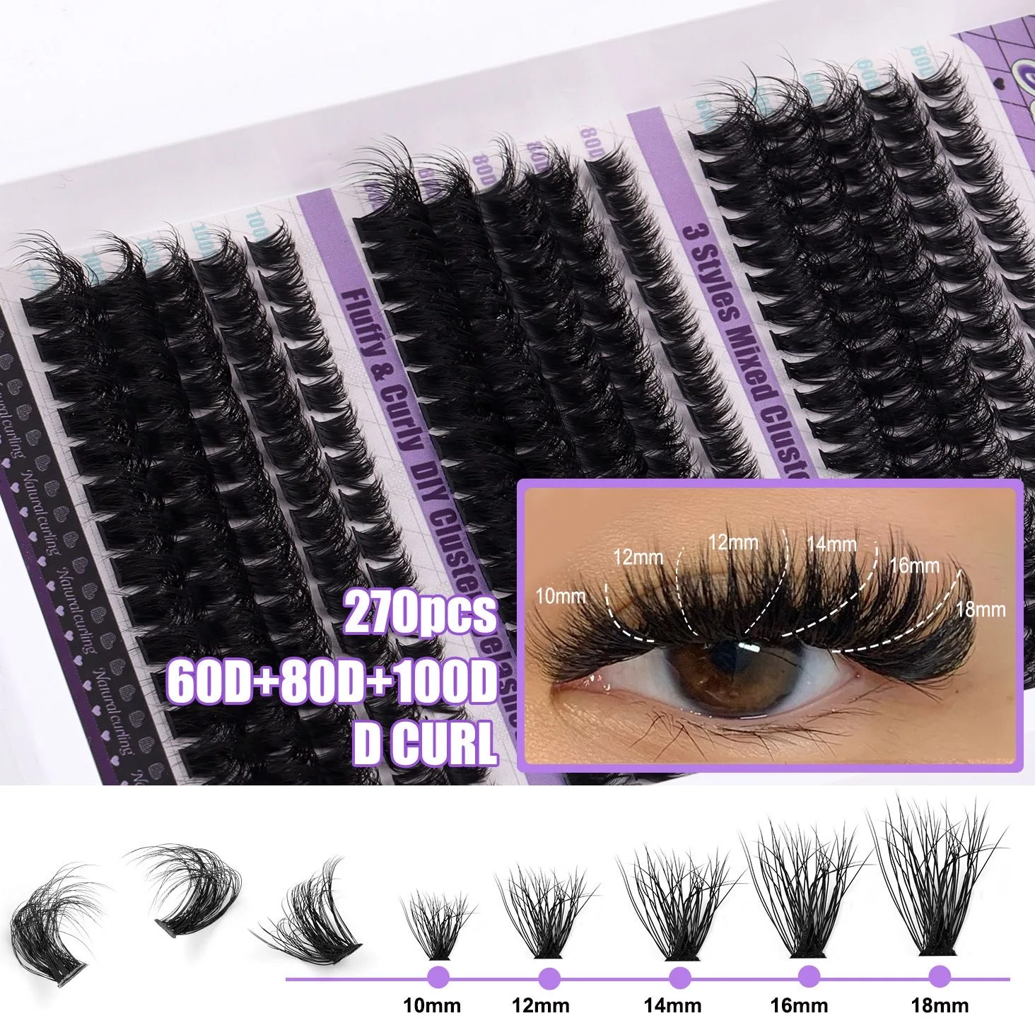 Cloison Lash Clusters 60D + 80D + 100D - 280 pieces of eyelash clusters 10 - 18mm D curly clusters - thick eyelash clusters