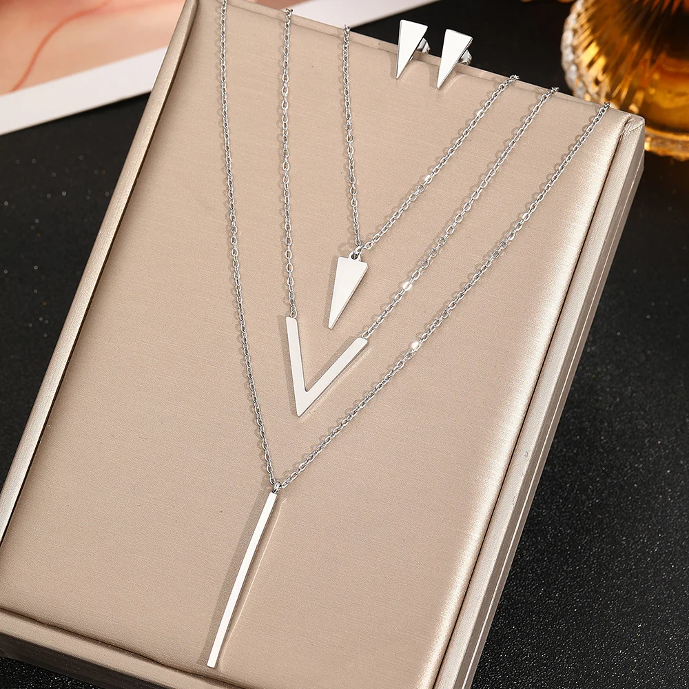 DGIDDK Stainless Steel Geometric Triangle Rectangle Pendant Necklace Earrings Jewelry Set Women Delicate Fashion Jewelry Gift