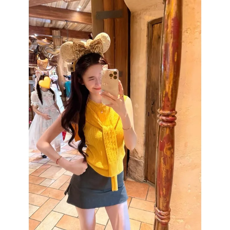 

Korean Style Solid Tank O-neck Sleeveless Vest Women's Summer Vintage Simple Temperament Chic Tops Shawl Set