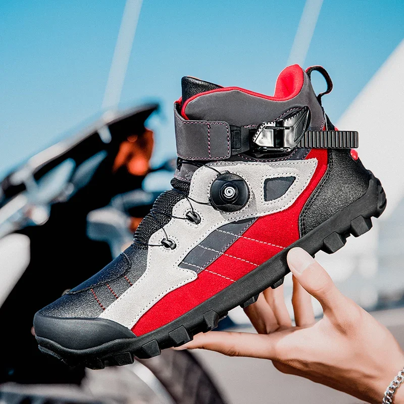 Men\'s Motorcycle Ankle Boots Motocross Racing Shoes Women Breathable Mesh Biker Boots Anti-slip Shoes Leather Motorcyclist Boots