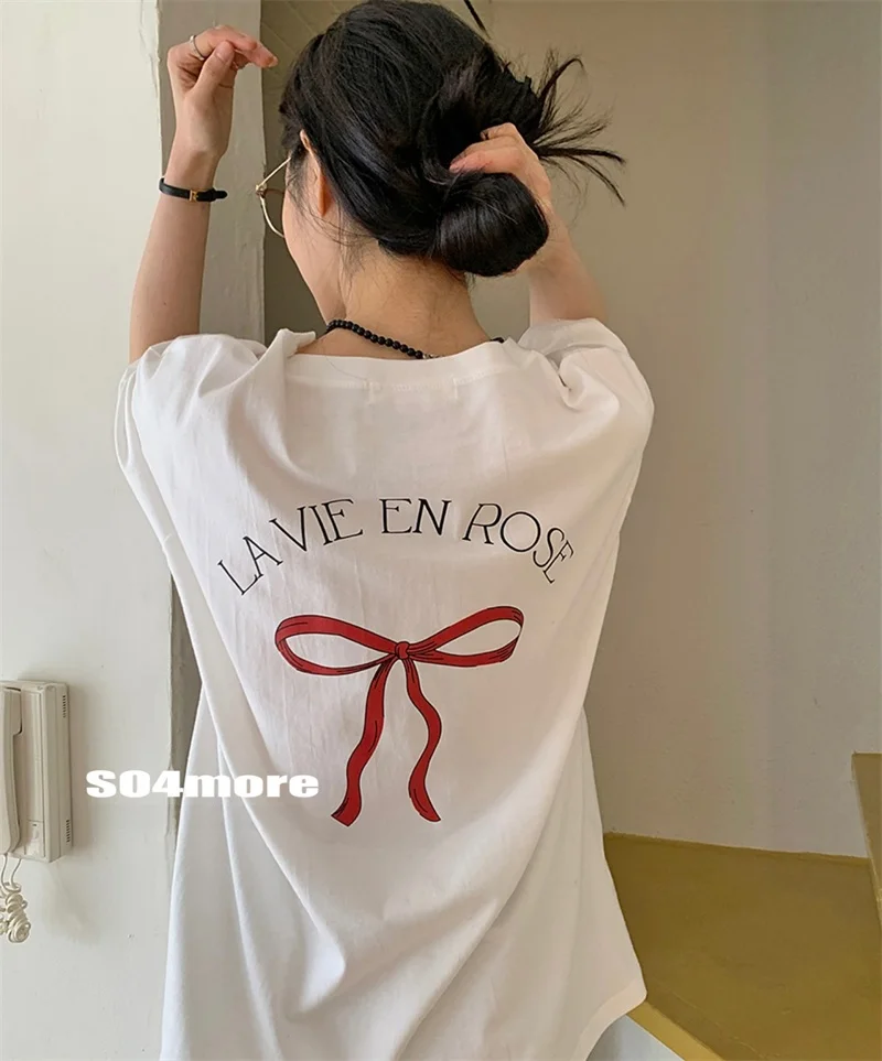 American Retro High Street  Knot Double-Sided Pattern Pure Cotton Short Sleeve Women's Loose Summer New Top T-shirt