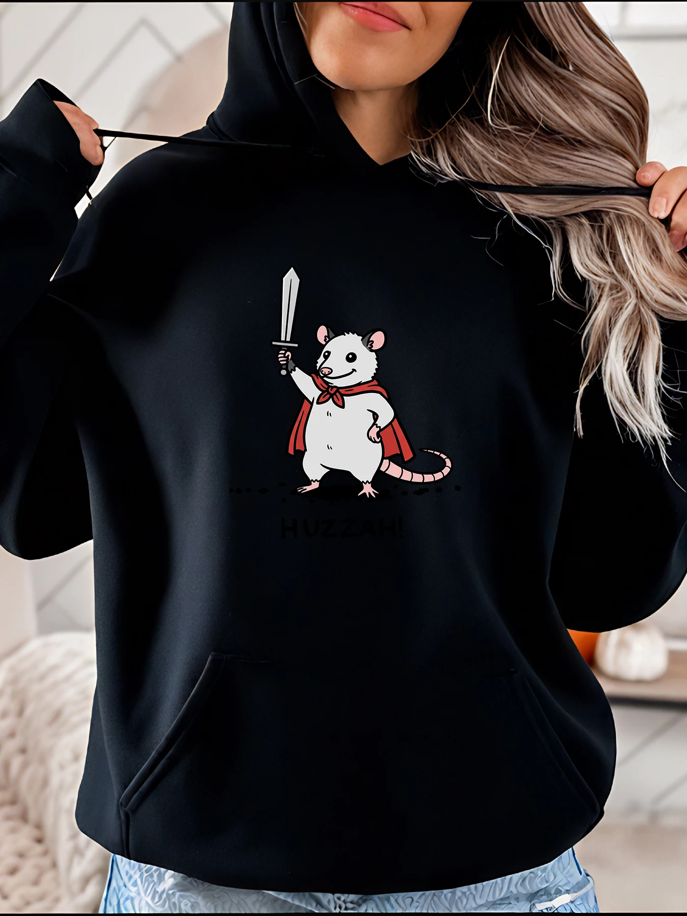 Mouse with Sword Print Hoodie Casual Cartoon Design Unisex Streetwear for Women and Men Daily Wear