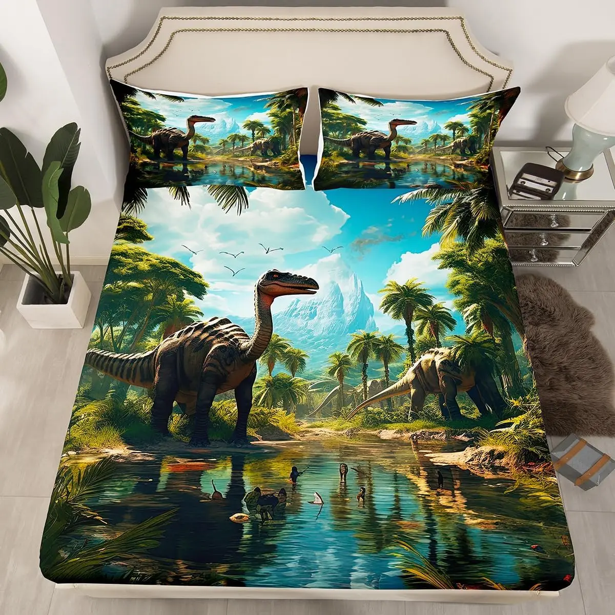 Dinosaur Bed Sheets Full Queen for Boys Teens,3D Realistic Dinosaur Fitted Sheets Set Ancient Jungle Dinosaur Bedding Sheets Set